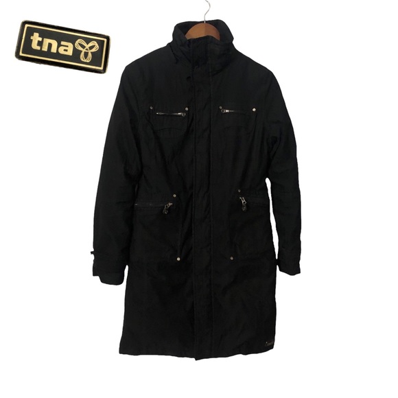 TNA sz Small Long Mid Length Warm Insulated Black Parka Winter Jacket Coat - Picture 2 of 14
